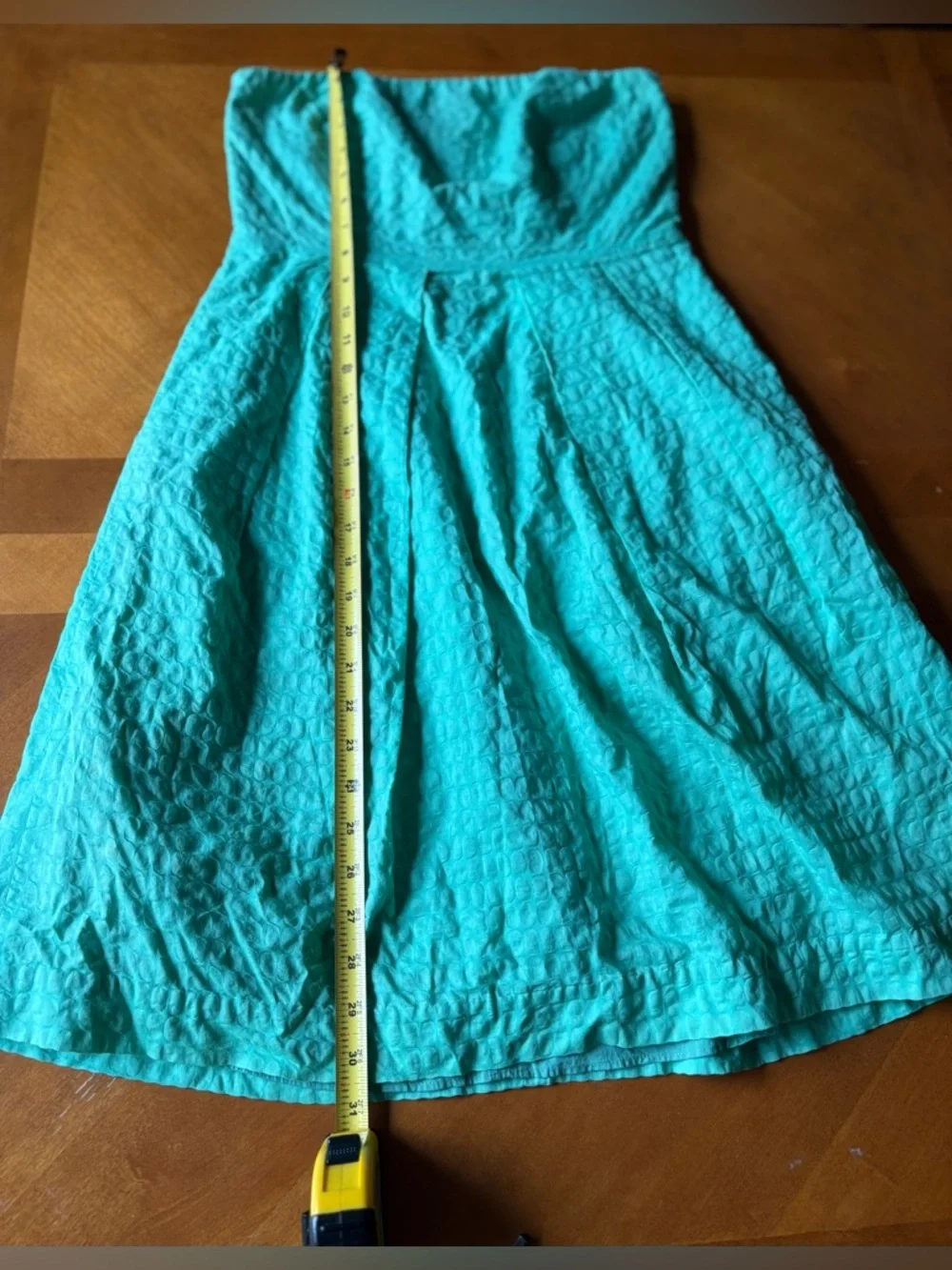 J.Crew Strapless Sea Green Teal Textured Fit Flare Dress Womens Size 4 Pockets